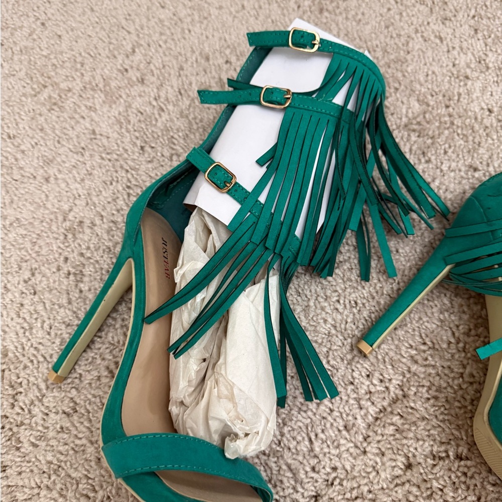 JustFab Turquoise Fringe Heels - Picture 2 of 5